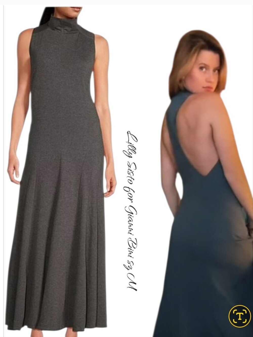 Gianni Bini x Lilly Sisto Audrey Knit Jersey Mock Neck Maxi Dress Gray Pleated M